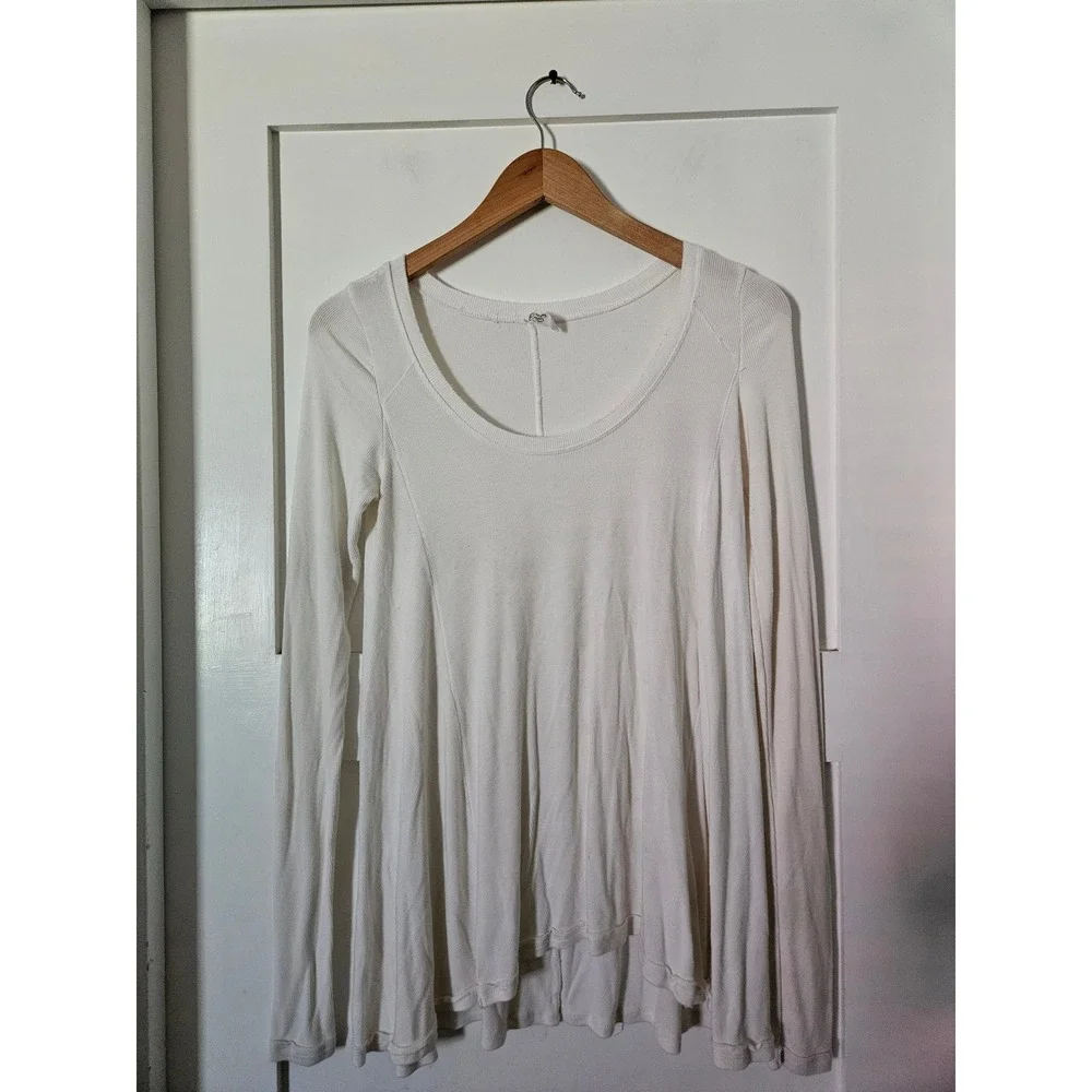 Free People Ribbed Thermal Scoop Neck Long Sleeve Top White XS